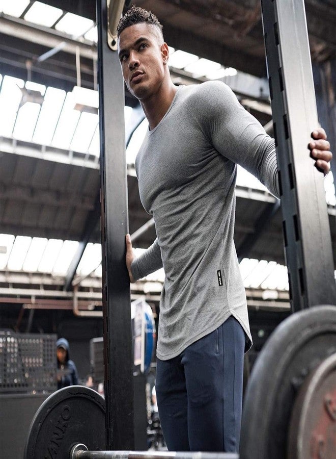 TEZO Mens Gym Workout Slim Fit Long Sleeve T-Shirt Cotton Performance Athletic Shirts Running Fitness Tee Loungewear(GY L) Gray - Image 5